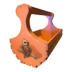 Vintage Wooden Slat Gathering Basket With Owl Decal